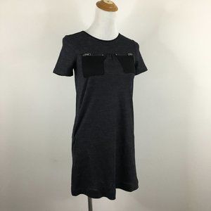 BURBERRY Dark Gray Wool Blend Black Silk Zipper Pockets Short Sleeve Dress